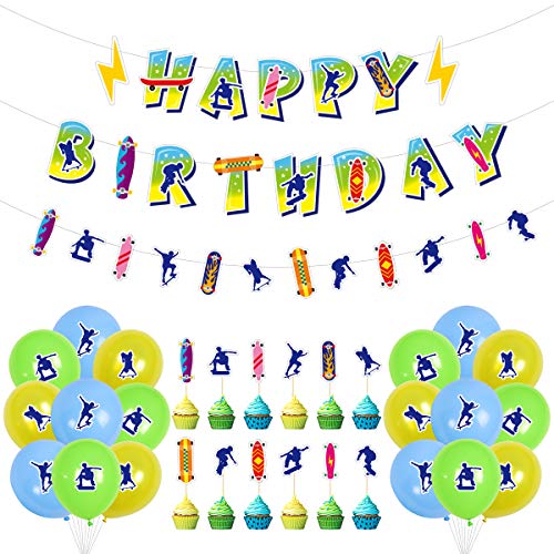 JeVenis Skateboard Geburtstagsdekoration Skateboard Theme Banner Skateboarding Geburtstagszubehör Silhouette Luftballons Skate Cake Topper Skater Cupcake Toppers JeVenis Skateboard Geburtstagsdekoration Skateboard Theme Banner Skateboarding Geburtstagszubehör Silhouette Luftballons Skate Cake Topper Skater Cupcake Toppers von JeVenis