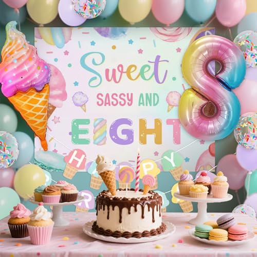 JeVenis Süße freche und acht Geburtstagsdekorationen für 8 Jahre altes Mädchen, Eiscreme-Mottoparty-Zubehör mit Hintergrundballons, Süßigkeiten, Donuts-Thema JeVenis Süße freche und acht Geburtstagsdekorationen für 8 Jahre altes Mädchen, Eiscreme-Mottoparty-Zubehör mit Hintergrundballons, Süßigkeiten, Donuts-Thema von JeVenis