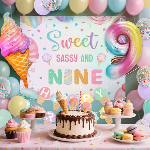 JeVenis Süße freche und neun Geburtstagsdekorationen für 9 Jahre altes Mädchen, Eiscreme-Mottoparty-Zubehör mit Hintergrund, Luftballons, Süßigkeiten, Donuts-Thema JeVenis Süße freche und neun Geburtstagsdekorationen für 9 Jahre altes Mädchen, Eiscreme-Mottoparty-Zubehör mit Hintergrund, Luftballons, Süßigkeiten, Donuts-Thema von JeVenis