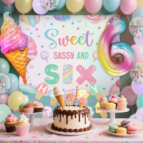 JeVenis Süße freche und sechs Geburtstagsdekorationen für 6 Jahre altes Mädchen, Eiscreme-Mottoparty-Zubehör mit Hintergrundballons, Süßigkeiten, Donuts-Thema JeVenis Süße freche und sechs Geburtstagsdekorationen für 6 Jahre altes Mädchen, Eiscreme-Mottoparty-Zubehör mit Hintergrundballons, Süßigkeiten, Donuts-Thema von JeVenis