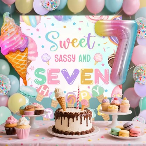 JeVenis Süße freche und sieben Geburtstagsdekorationen für 7 Jahre altes Mädchen, Eiscreme-Mottoparty-Zubehör mit Hintergrundballons, Süßigkeiten, Donuts-Thema JeVenis Süße freche und sieben Geburtstagsdekorationen für 7 Jahre altes Mädchen, Eiscreme-Mottoparty-Zubehör mit Hintergrundballons, Süßigkeiten, Donuts-Thema von JeVenis