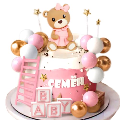 JeVenis Teddybär Tortendeko Tortendeko Taufe Mädchen Tortendeko Mädchen 1 Jahr Rosa Tortendeko Teddybär Kuchen Dekoration für Hochzeit Babyshower Geburtstag Party von JeVenis