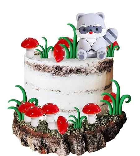 JeVenis Waschbär Kuchen Topper Waldtier Pilz Geburtstag Dekoration Woodland Geburtstag Kuchen Dekoration Wildtier Figuren für Party Diorama Supplies von JeVenis