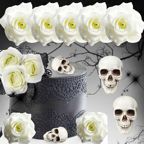 JeVenis Totenkopf Tortendekoration Weiße Rose Tortenaufsatz Weiß - Gothic Geburtstag Dekoration Tod Party Zubehör von JeVenis