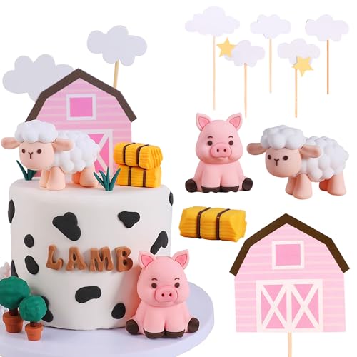 JeVenis Rosa Farm Geburtstag Dekorationen Mädchen Farm Geburtstag Dekorationen Bauernhof Torte Dekorationen Rosa Torte Schaf Lamm Torte Bauernhof Tier Cupcake Toppers von JeVenis