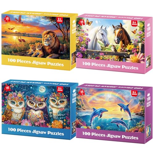 4 Puzzles für Kinder im Alter von 6-8-8 Jahren, 8-10 Jahre - Löwen Pferde Eulen, Delfine, große Puzzleteile für Senioren, 100-teiliges Puzzle für 4 Puzzles für Kinder im Alter von 6-8-8 Jahren, 8-10 Jahre - Löwen Pferde Eulen, Delfine, große Puzzleteile für Senioren, 100-teiliges Puzzle für von Jeacirio