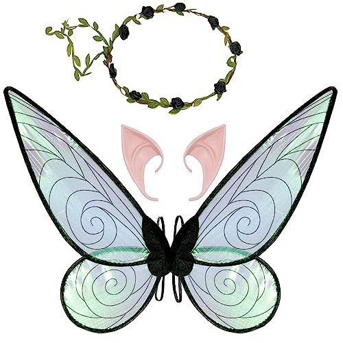 Feenflügel Kostüm, Damen Mädchen Schmetterlingsflügel Elfenflügel mit Elfenohren Blumenkranz Halloween Kostüm Zubehör Karneval Fee Party Schmetterling Kostüm Feenkostüm für Kinder Erwachsene (Schwarz) Feenflügel Kostüm, Damen Mädchen Schmetterlingsflügel Elfenflügel mit Elfenohren Blumenkranz Halloween Kostüm Zubehör Karneval Fee Party Schmetterling Kostüm Feenkostüm für Kinder Erwachsene (Schwarz) von Jeackcelle