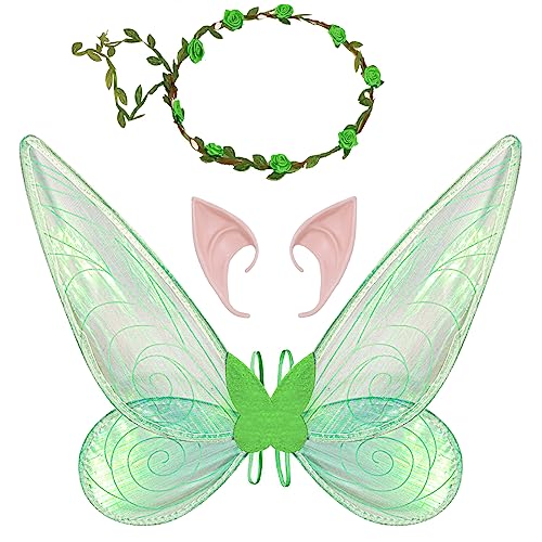 Feenflügel Kostüm, Damen Mädchen Schmetterlingsflügel Elfenflügel mit Elfenohren Blumenkranz Halloween Kostüm Zubehör Karneval Fee Party Schmetterling Kostüm Feenkostüm für Kinder Erwachsene (Grün) Feenflügel Kostüm, Damen Mädchen Schmetterlingsflügel Elfenflügel mit Elfenohren Blumenkranz Halloween Kostüm Zubehör Karneval Fee Party Schmetterling Kostüm Feenkostüm für Kinder Erwachsene (Grün) von Jeackcelle