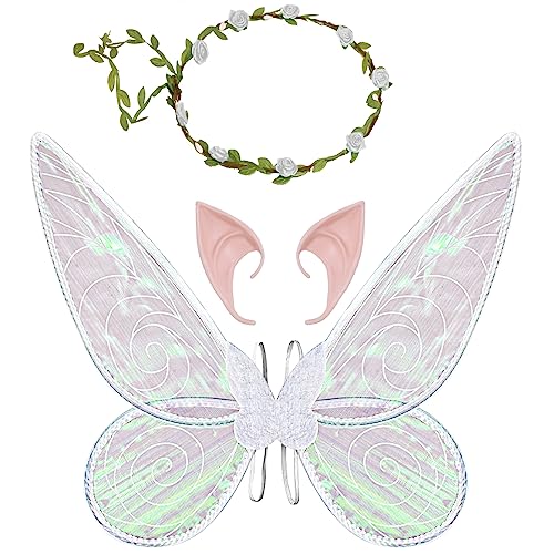 Feenflügel Kostüm, Damen Mädchen Schmetterlingsflügel Elfenflügel mit Elfenohren Blumenkranz Halloween Kostüm Zubehör Karneval Fee Party Schmetterling Kostüm Feenkostüm für Kinder Erwachsene (Weiß) Feenflügel Kostüm, Damen Mädchen Schmetterlingsflügel Elfenflügel mit Elfenohren Blumenkranz Halloween Kostüm Zubehör Karneval Fee Party Schmetterling Kostüm Feenkostüm für Kinder Erwachsene (Weiß) von Jeackcelle