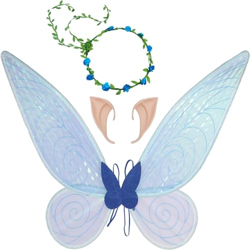 Feenflügel Kostüm, Damen Mädchen Schmetterlingsflügel Elfenflügel mit Elfenohren Blumenkranz Halloween Kostüm Zubehör Karneval Fee Party Schmetterling Kostüm Feenkostüm für Kinder Erwachsene (blau) Feenflügel Kostüm, Damen Mädchen Schmetterlingsflügel Elfenflügel mit Elfenohren Blumenkranz Halloween Kostüm Zubehör Karneval Fee Party Schmetterling Kostüm Feenkostüm für Kinder Erwachsene (blau) von Jeackcelle