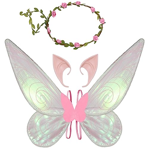 Feenflügel Kostüm, Damen Mädchen Schmetterlingsflügel Elfenflügel mit Elfenohren Blumenkranz Halloween Kostüm Zubehör Karneval Fee Party Schmetterling Kostüm Feenkostüm für Kinder Erwachsene (Rosa) Feenflügel Kostüm, Damen Mädchen Schmetterlingsflügel Elfenflügel mit Elfenohren Blumenkranz Halloween Kostüm Zubehör Karneval Fee Party Schmetterling Kostüm Feenkostüm für Kinder Erwachsene (Rosa) von Jeackcelle