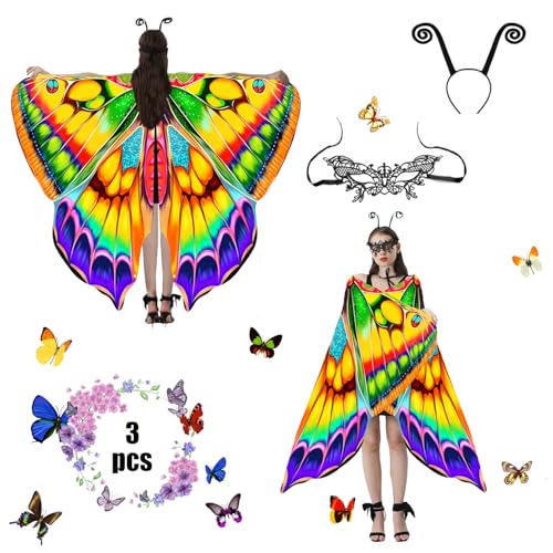 Jeackcelle Schmetterling Kostüm für Damen Erwachsene - 3-Teiliges Set Mit Spitze Maske für Halloween, Karneval, Party, Cosplay, Weihnachten (Gelb) von Jeackcelle
