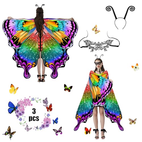 Jeackcelle Schmetterling Kostüm für Damen und Erwachsene - 3-Teiliges Set Mit Spitze Maske für Halloween, Karneval, Party, Cosplay, Weihnachten (Farbig) von Jeackcelle