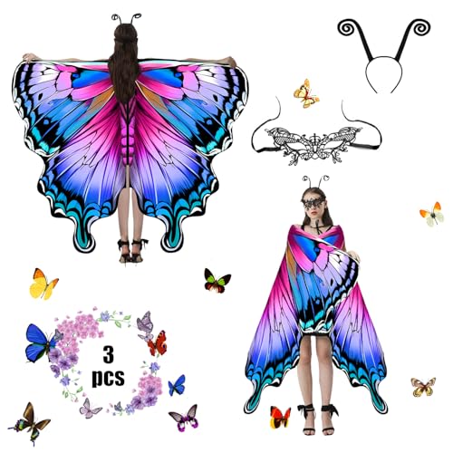 Schmetterling Kostüm für Damen Erwachsene - 3-Teiliges Set Mit Spitze Maske für Halloween, Karneval, Party, Cosplay, Weihnachten (RoseBlau) von Jeackcelle