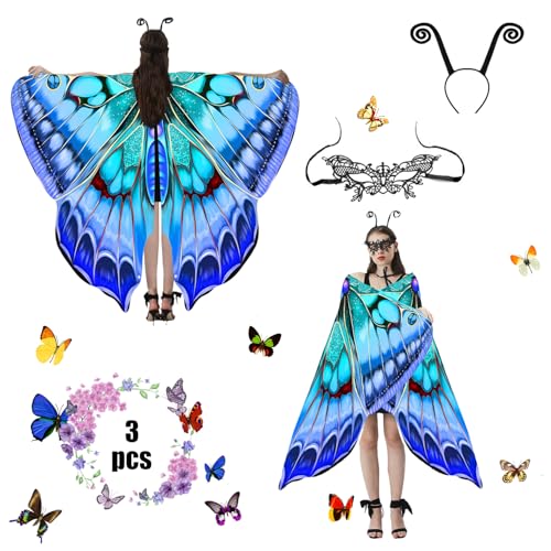 Schmetterling Kostüm für Damen und Erwachsene - 3-Teiliges Set Mit Spitze Maske für Halloween, Karneval, Party, Cosplay, Weihnachten (Himmelblau) von Jeackcelle