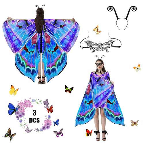Schmetterling Kostüm für Damen und Erwachsene - 3-Teiliges Set Mit Spitze Maske für Halloween, Karneval, Party, Cosplay, Weihnachten (Sternenhimmel Blau) von Jeackcelle