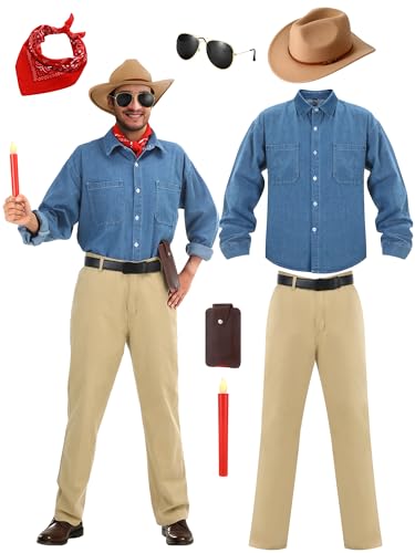 Jecery 7-teiliges Halloween-Paläontologen-Kostüm, Cowboy-Outfit, Abenteuer-Cosplay, für Herren, Themen-Rollenspiel-Party, Größe L von Jecery