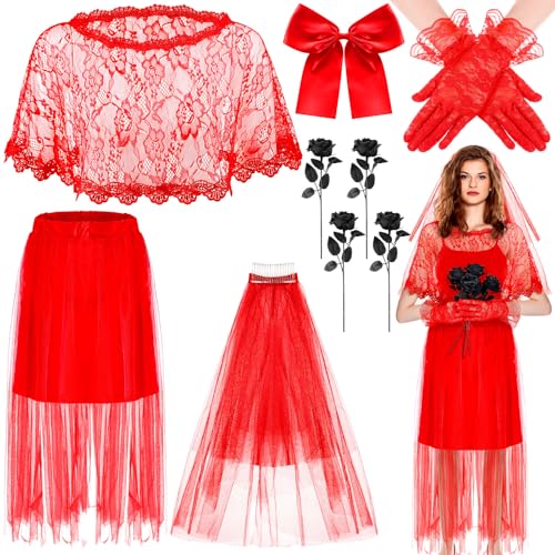 Jecery Halloween-Kostüm für Damen, Braut-Kostüm, 80er-Jahre, Rot, Gothic, Hochzeit, Cosplay, mit roter Spitze, Bluse, Handschuhe, Kleid, Schleier, Schleife, Haarnadel und schwarze künstliche Rose, für von Jecery