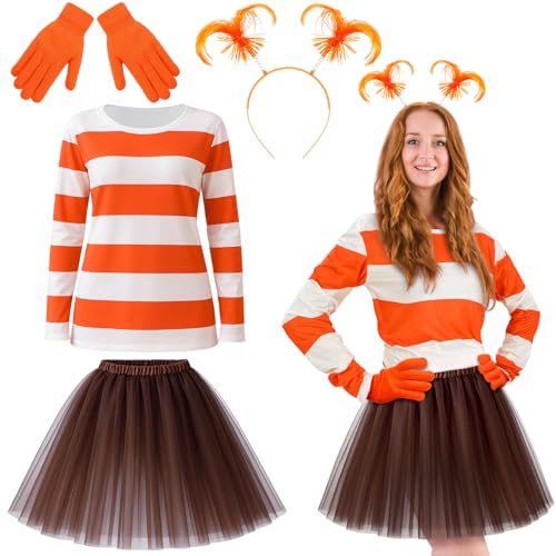 Jecery Orangefarbenes Kostüm-Set mit orangefarbenem Emotion-Stirnband, Langarm-Shirt, Tutu-Rock, Handschuhe für Damen, Halloween, Verkleidungszubehör, Cosplay-Party von Jecery