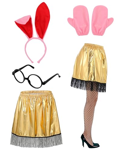 Jecery Weihnachtsfilm-Hase und Lampenkostüm-Zubehör, Stirnband, Röcke, Handschuhe, Brille, Netzstrümpfe für Cosplay, 5 Stück, Rosa, Gold, L von Jecery