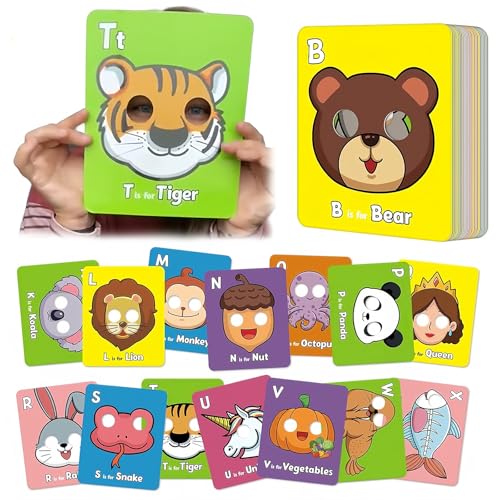 26 pcs Alphabet Mask Cards for School Age Children, Colorful Fun Alphabet ABC Flash Cards with Animal Masks with Kawaii Patterns for Parent-Child Interactive Learning von Jeeeun