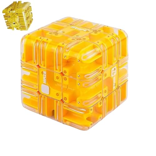 Großes Labyrinth 3D Puzzle Labyrinth-Würfel – Spannendes Denkspiel, 3D-Labyrinths-Kugelwürfel, Magisches 3x3-Labyrinths für Kinder und Erwachsene – Fördert räumliches Vorstellungsvermögen (Yellow) von Jeeeun