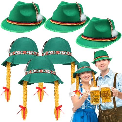 Jeere 12-teiliges Oktoberfest-Hüte-Set beinhaltet 6 deutsche Herrenmützen und 6 deutsche Hüte, Frauen mit Zöpfen, Oktoberfest-Kostüm-Zubehör, grün, für Halloween, bayerisches Kleid, Rollenspiel-Party von Jeere