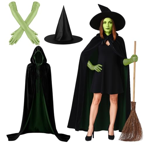 Jeere 3-teiliges Halloween-Hexenkostüm-Zubehör-Set beinhaltet Hut, Umhang, Handschuhe, schwarzes Halloween-Kleid, Cosplay-Set für Erwachsene, Damen, Herren von Jeere