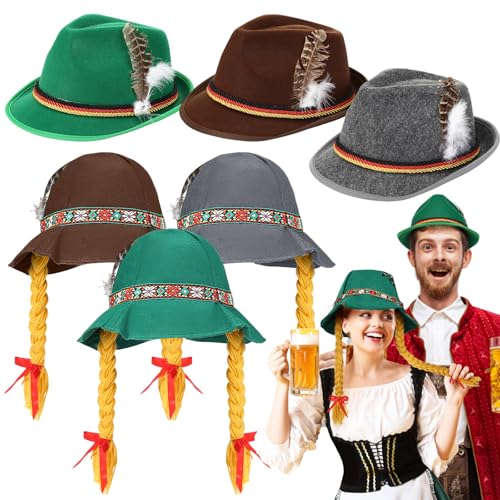 Jeere 6-teiliges Oktoberfest-Hut-Set beinhaltet 3 Oktoberfest-Hüte mit Zöpfen, 3 deutsche Mützen für Damen und Herren, Festival-Outfit, Mehrfarbig, Einheitsgröße von Jeere