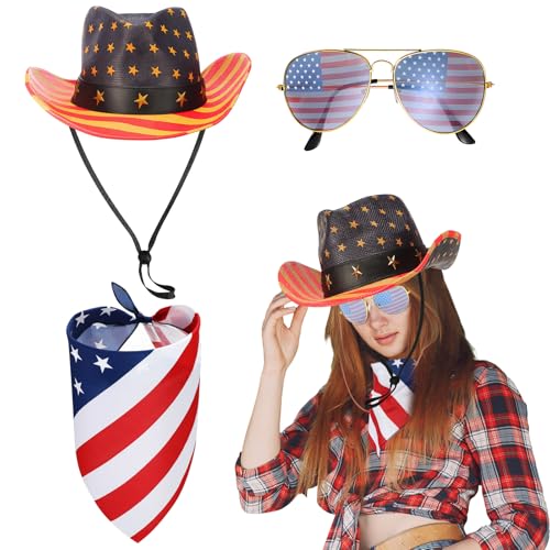Jeere Cowboyhut mit amerikanischer Flagge, Bandana und Brille, Outdoor-Hüte mit Riemen, Western-Party, Gedenktag, Vintage-Stil, 3 Stück von Jeere