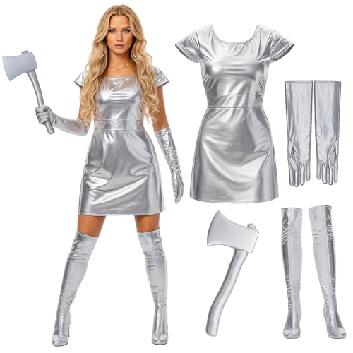 Jeere Halloween-Kostüm für Damen, Handschuhe, Socken und Axt, Weltraum-Kostüm, Cosplay, Planet, silber-metallisch, 4 Stück, silber, L von Jeere