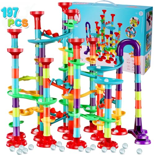 Jeffbaubl Murmelbahn Spielzeug,197 Stück Kugelbahn,Mehrfarbige Marble Run Set,Kugelbahn Lernspielzeug Bausteinspielzeug Konstruktionspielzeug für Kinder Jungen Mädchen(147 Bahnelementen + 50 Murmeln) von Jeffbaubl