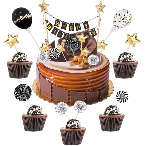 12 Stück Happy Birthday Tortendeko,Schwarz Gold Kuchendeko,Kuchendeko Geburtstag Junge,Papierfächer Sterne Cupcake Tortenstecker für Geburtstag Dekoration Junge Mädchen 12 Stück Happy Birthday Tortendeko,Schwarz Gold Kuchendeko,Kuchendeko Geburtstag Junge,Papierfächer Sterne Cupcake Tortenstecker für Geburtstag Dekoration Junge Mädchen von JeiibrZui