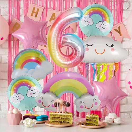 6 Geburtstag Regenbogen Ballon Set, 101.6 cm Zahl 6 Folienballon Wolke Stern Regenbogen Dekorationen für Mädchen 6 Geburtstag Party Babyparty und Themenfeiern von JeiibrZui
