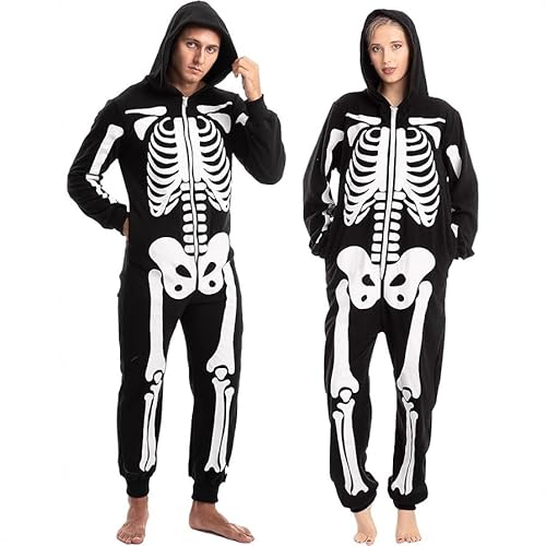 JellyLe Halloween Gruselkostüm für Erwachsene fluoreszierendes Skelett schwarz perfekt für Cosplay und Gruselpartys (Schwarz,S) von JellyLe