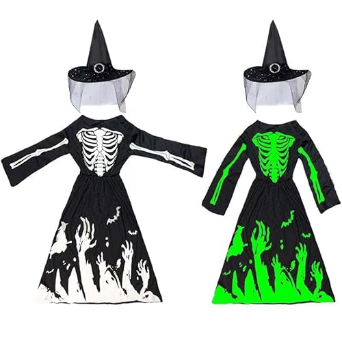 JellyLe Kinder Kostüm Dunkler Bote des Todes Halloween Cosplay mit Sensenmann Nachtleuchtender Verkleidung als GeistLeuchteffekt im Dunkeln (Mädchen in Schwarz,L（9-10） 130-140CM) von JellyLe