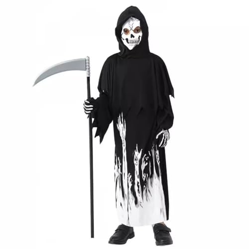 JellyLe Kinder Kostüm Dunkler Bote des Todes Halloween Cosplay mit Sensenmann Nachtleuchtender Verkleidung als GeistLeuchteffekt im Dunkeln (Schwarz A,M（6-8） 120-130CM) von JellyLe