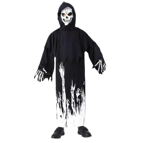 JellyLe Kinder Kostüm Dunkler Bote des Todes Halloween Cosplay mit Sensenmann Nachtleuchtender Verkleidung als GeistLeuchteffekt im Dunkeln (Schwarz B,XL（11-14） 140-) von JellyLe