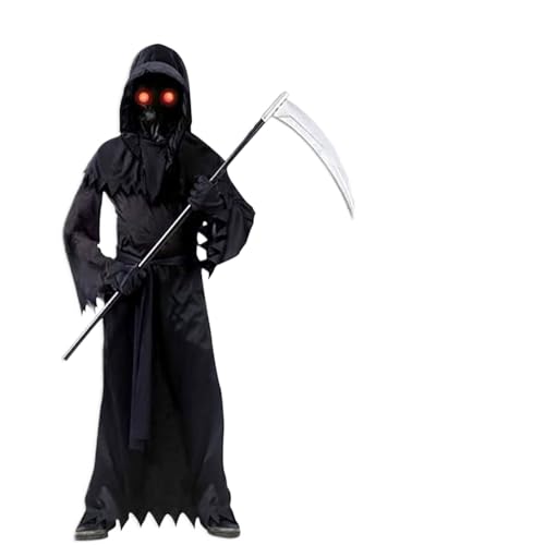 JellyLe Kinder Kostüm Dunkler Bote des Todes Halloween Cosplay mit Sensenmann Nachtleuchtender Verkleidung als GeistLeuchteffekt im Dunkeln (Schwarz C,M（6-8） 120-130CM) von JellyLe