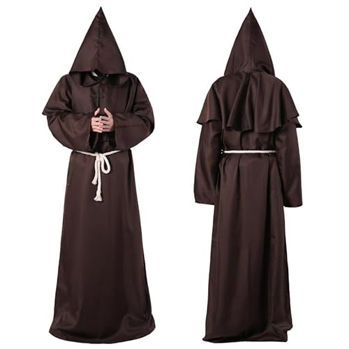 JellyLe Schwarze Kapuzenrobe Mittelalter Kostüm Halloween Verkleidung für Mönch Hexe Priester und Tod Cosplay (Kaffeebraun,L) von JellyLe