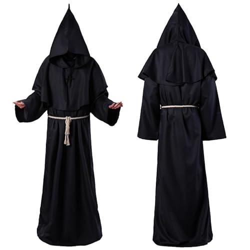 JellyLe Schwarze Kapuzenrobe Mittelalter Kostüm Halloween Verkleidung für Mönch Hexe Priester und Tod Cosplay (Schwarz,M) von JellyLe