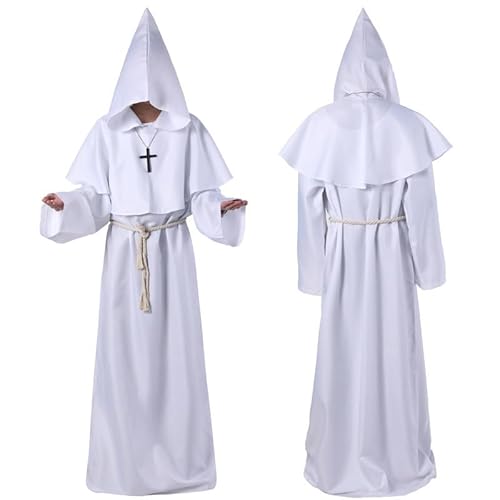 JellyLe Schwarze Kapuzenrobe Mittelalter Kostüm Halloween Verkleidung für Mönch Hexe Priester und Tod Cosplay (Weiß,L) von JellyLe
