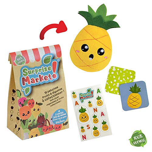 Jemini Market 024118 Überraschungstüten, 100% recycelt, enthält 1 Plüschtier Obst oder Gemüse, Sticker und 2 Speicherkarten, zufällige Modellauswahl von Jemini