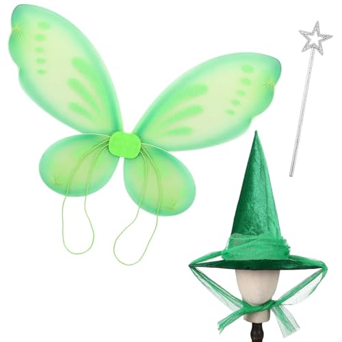 JenPen 3-teiliges Feenprinzessin-Kostüm mit Hut, Schmetterlingsflügel, Sternstab für Damen, Halloween, Fee, Verkleidung, Geburtstagszubehör, Grün , Einheitsgröße von JenPen