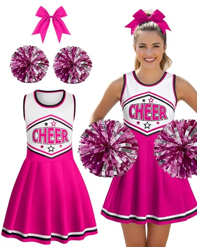 JenPen 3-teiliges Halloween-Cheerleader-Kostüm für Damen, Erwachsene, Mädchen, Cheerleader-Outfit-Set, Cheerleader-Uniform-Kleid für Party, Rosenrot, S von JenPen