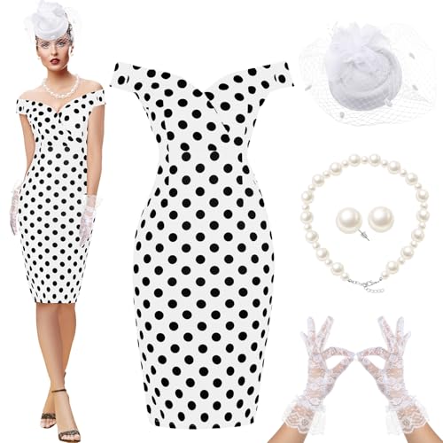 JenPen 5 Stück Damen Vintage Teeparty Polka Dot Kleid Retro Bleistiftkleid Sets für Derby 1950er Cocktail Oper Abend Cosplay (M, Weiß) von JenPen