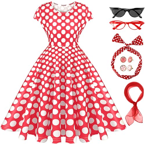 JenPen 7-teiliges 50er-Jahre-Kostüm für Damen, Vintage-Stil, gepunktet, Cocktailkleid, Retro-Stil, Chiffon, Schal, Katzenauge, Brille, Stirnband, Ohrring, Haupt-Rot und Weiß, Medium JenPen 7-teiliges 50er-Jahre-Kostüm für Damen, Vintage-Stil, gepunktet, Cocktailkleid, Retro-Stil, Chiffon, Schal, Katzenauge, Brille, Stirnband, Ohrring, Haupt-Rot und Weiß, Medium von JenPen