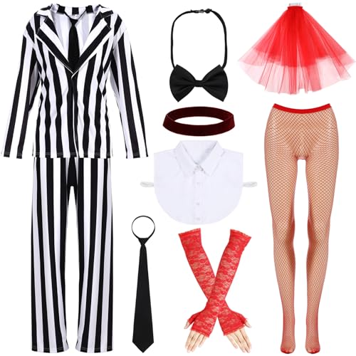 JenPen 9-teiliges Halloween-Kostüm für Herren, schwarz-weiß gestreift, für Damen, Braut-Kostüm, Zubehör-Set für Halloween, Cosplay, Party, Größe M JenPen 9-teiliges Halloween-Kostüm für Herren, schwarz-weiß gestreift, für Damen, Braut-Kostüm, Zubehör-Set für Halloween, Cosplay, Party, Größe M von JenPen