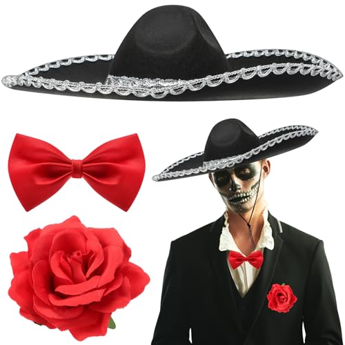 JenPen Halloween-Kostüm, Mariachi-Senor-Kostüm, Zubehör, silberfarbener Rand, schwarzer Sombrero, Fliege, Rosen-Dekor, 3 Stück von JenPen