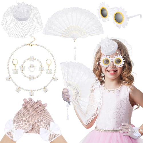 Jenaai 8-teiliges Halloween-Teeparty-Zubehör für Mädchen, inklusive Teeparty-Hüte, Handschuhe, Fächer, Brille, Armband, Ohrclips, Ring, Halskette, Kinder (frisch, weiß) von Jenaai